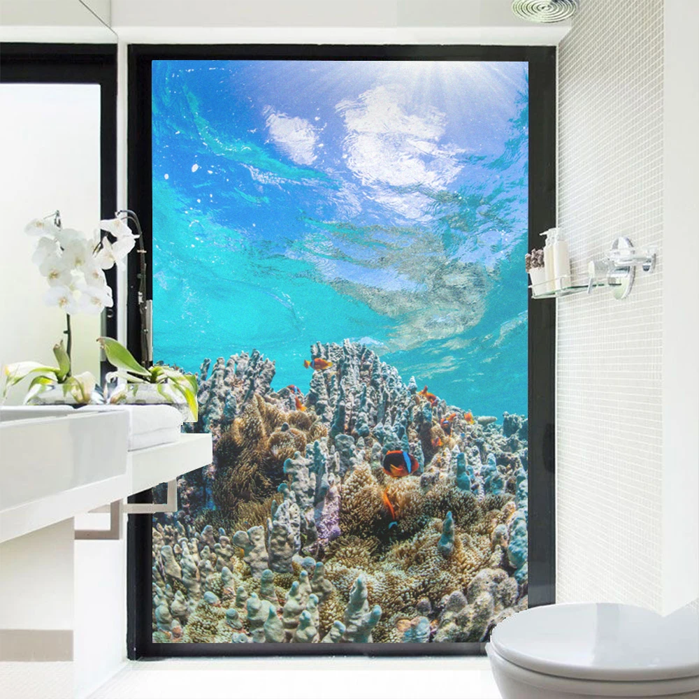 Privacy Glass Window Frosted Decoration Film Underwater World Pattern Sun Block Anti UV Non-glue Static Cling Glass Door Sticker