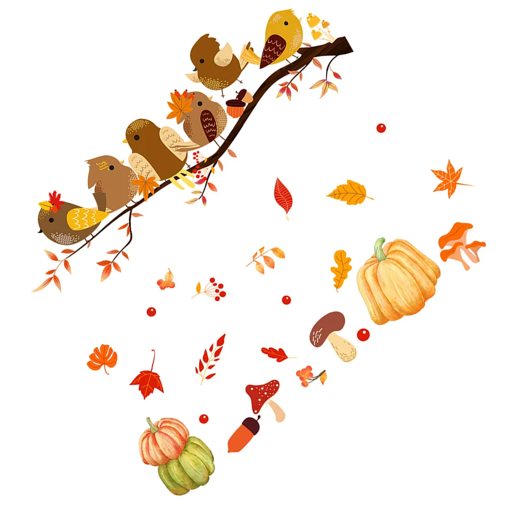 

Autumn Window Decal Thanksgiving Fall Leaves Cling Static Birds Branch Pumpkin Sticker Fall Window Cling