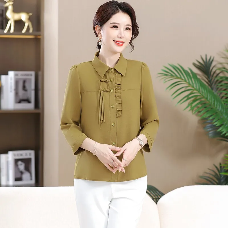 Commute Ruffles Spliced Pleated Blouse Spring Summer 3/4 Sleeve Women's Clothing Solid Button Single-breasted Loose Shirt