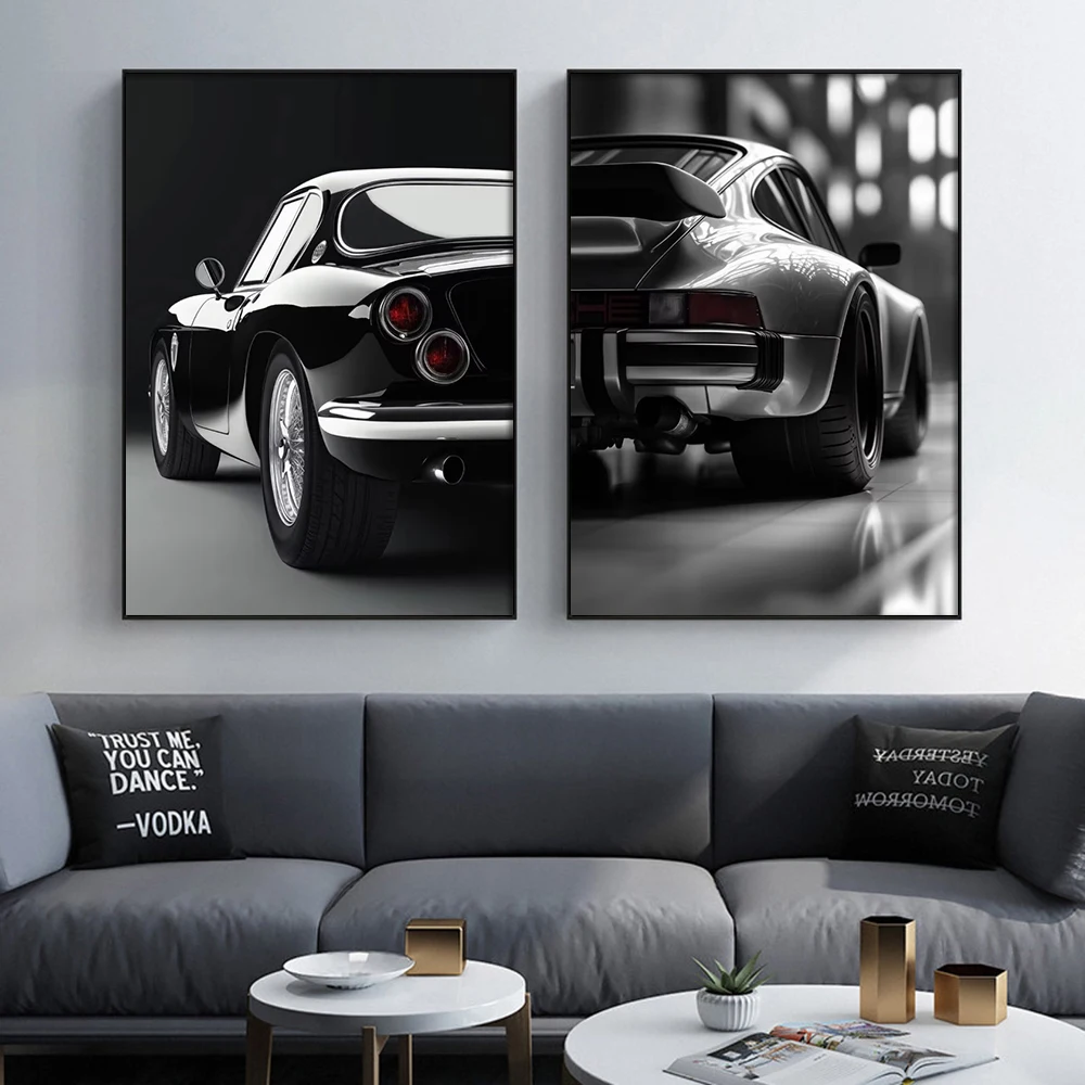 Monochrome Black White Sports Car Wall Art Print Retro Classic Luxury Automobile Poster Canvas Painting Men Bedroom Home Decor