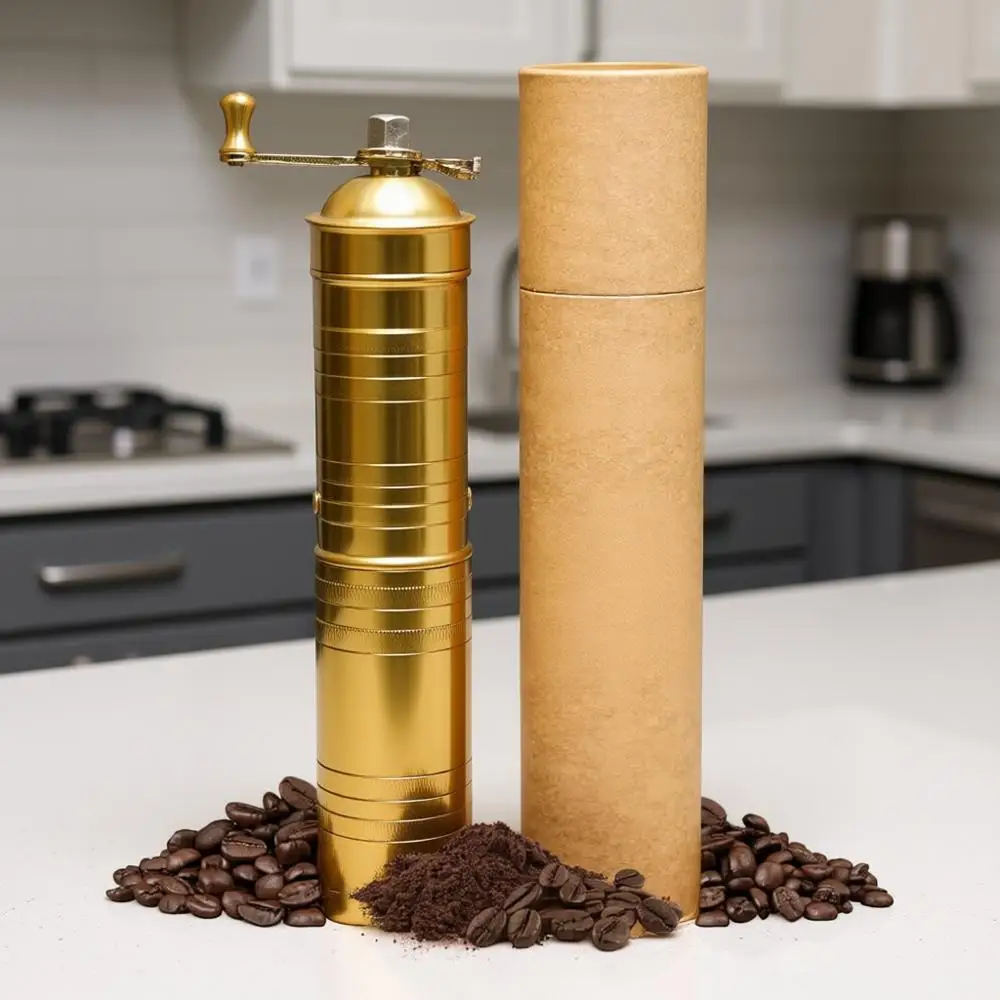 

9 Manual Coffee Grinder Brass – Hand Crank Burr Mill for Turkish Coffee, French Press, Camping & Home Use – Portable Coffee Bean