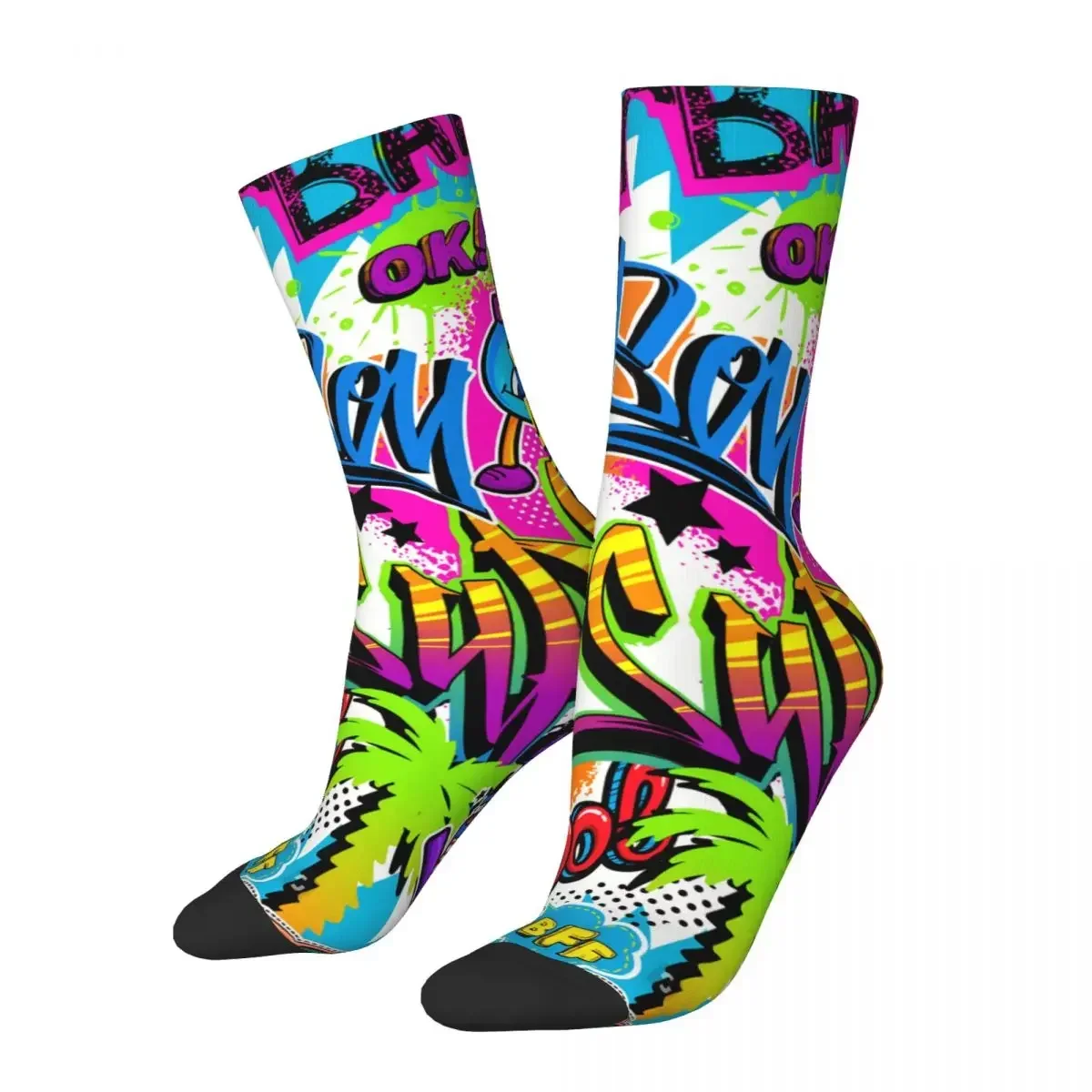 Retro Comics Pattern With Palm Tree Hand Roller Men's Socks Graffiti Art Pattern Unisex Street Style Printed Crew Sock Gift