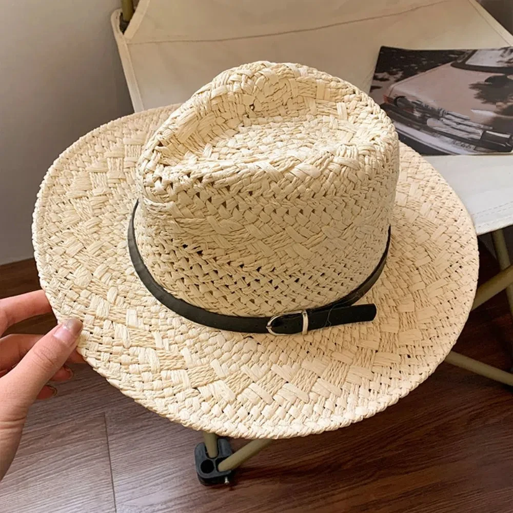 

Retro Hollow Hollow Straw Hat Jazz Leather Buckle Western Cowboy Hat Wide Brim Sunscreen Visor Cap Outdoor