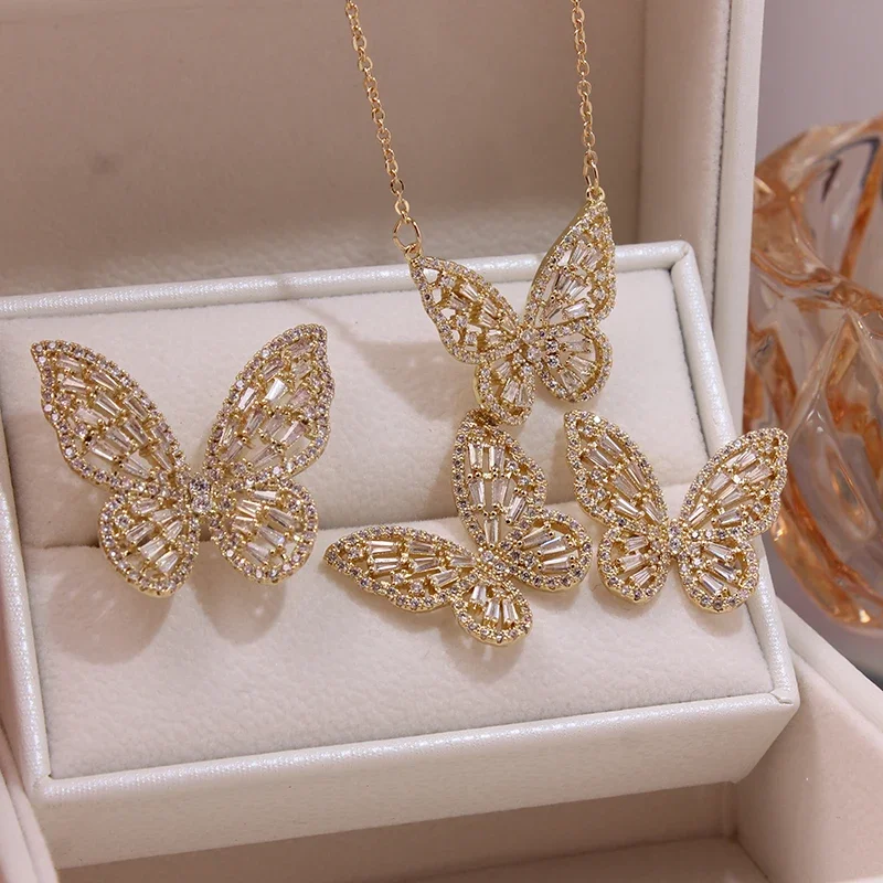 2023 Fashion Brand Jewelry Set Elegant Crystal Butterfly Charm Pendant&necklaces for Women Insect Stud Earrings Open Rings