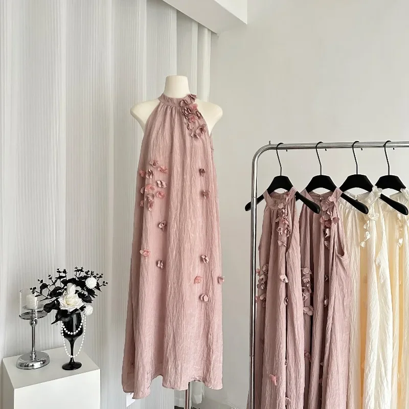 

Chic Camis Dress Halter Off Shoulder Elegant Flower Long Dresses Korean Fashion Casual Sweet Pink A-line Skirts Preppy Clothing