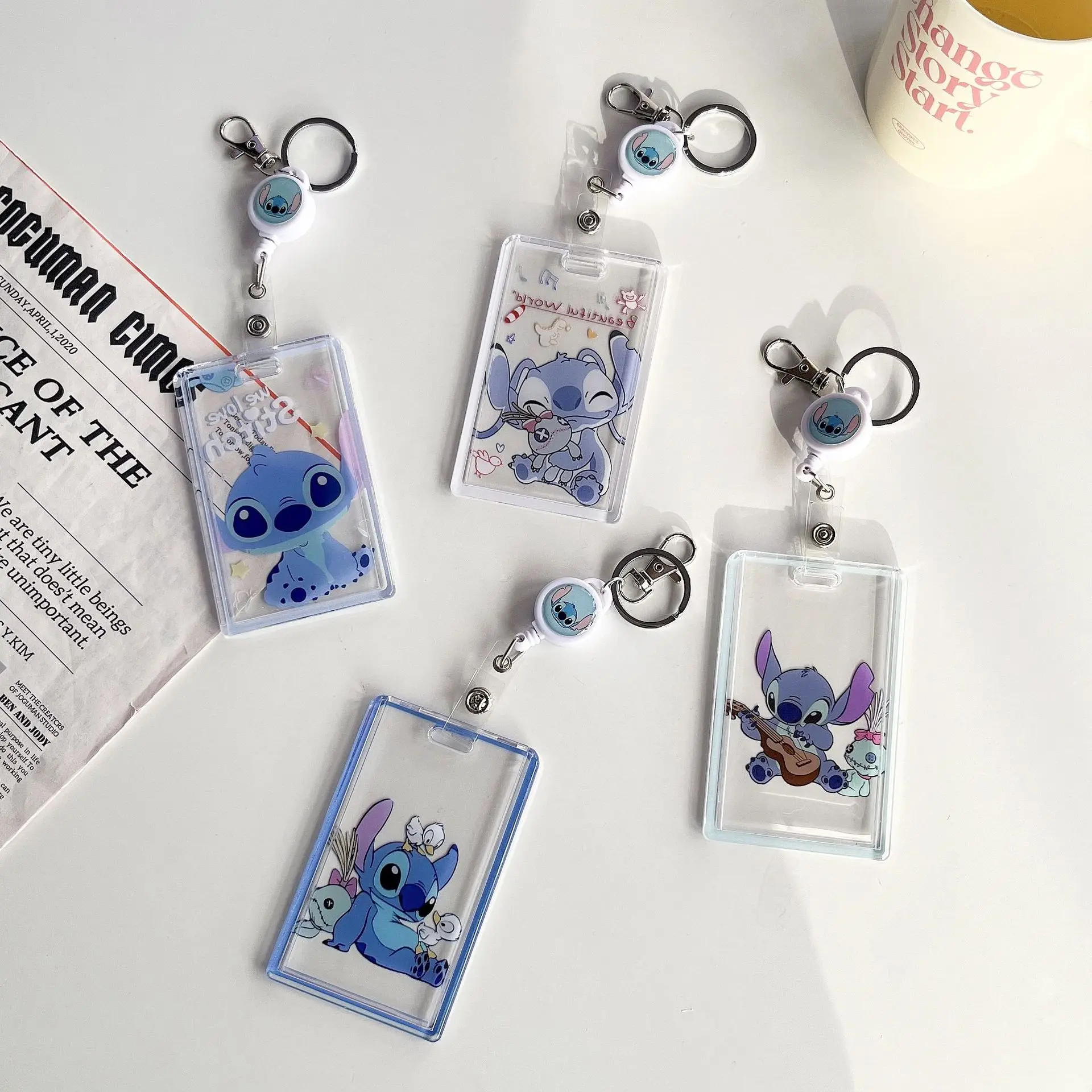 

Disney Stitch Transparent Card HolderCartoon Animation Access Card Card Storage Photo Bag Retractable Keychain Kid Cards Cover