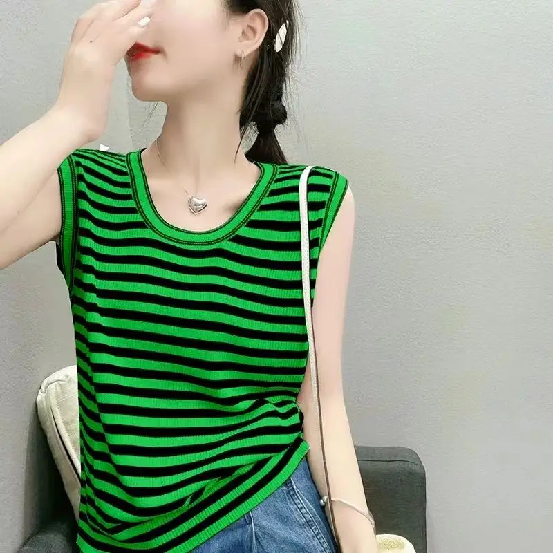 

Korean Commute Knitted Striped Tees Women's Summer New Patchwork Contrast Color Loose Round Neck Casual Sleeveless Camisole Tops