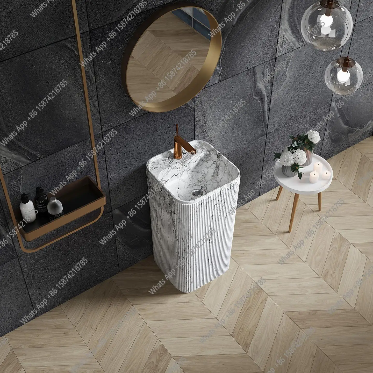 J Calacatta White Marble Pedestal Sink, Italian Luxury Freestanding Basin For Villa, Stain Resistant & Eco-Friendly, Customizabl