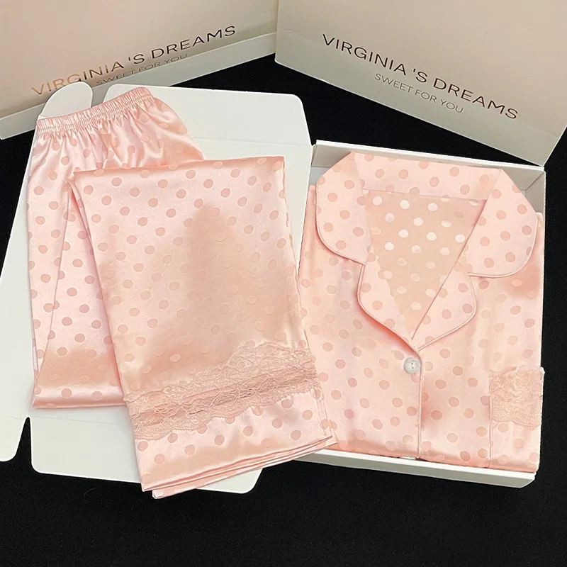 New Ice Silk Pajamas Women\'s Summer Satin Silk Two Piece Set Pink Short Sleeved Long Pants Home Wear Dot Print Sleepwear