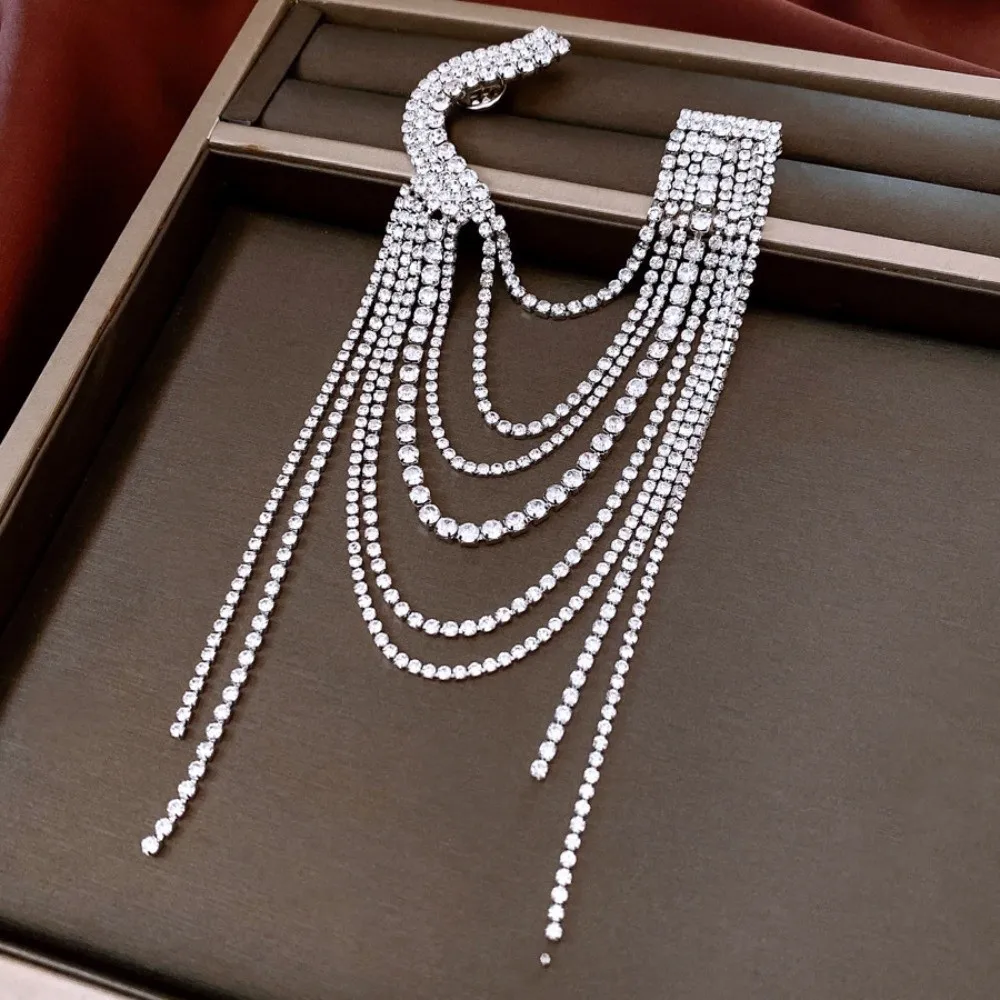 Epaulets Rhinestone Tassel Brooch Multi-layer Suit Lapel Pin Suit Collar Pin Crystal Shiny Badge Fringe Shoulder Mark