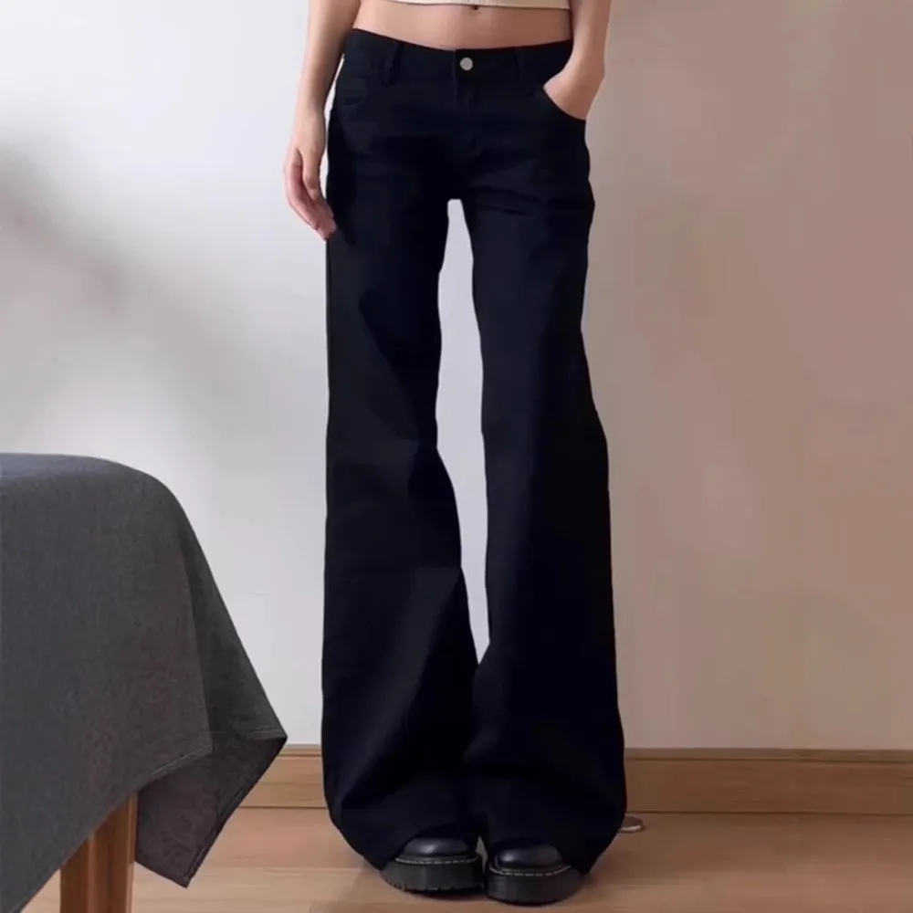 Women's Y2K Baggy Low Waist Long Stretch Zipper Jeans – Trendy Casual Streetwear Bottoms with Front Pocket and Solid Color