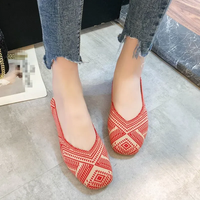 2023 Plus Size Spring New Ballet Flats Women Square Toe Knit Fabric Loafers Breathable Flat Heel Drive Shoes Driving Sneaker