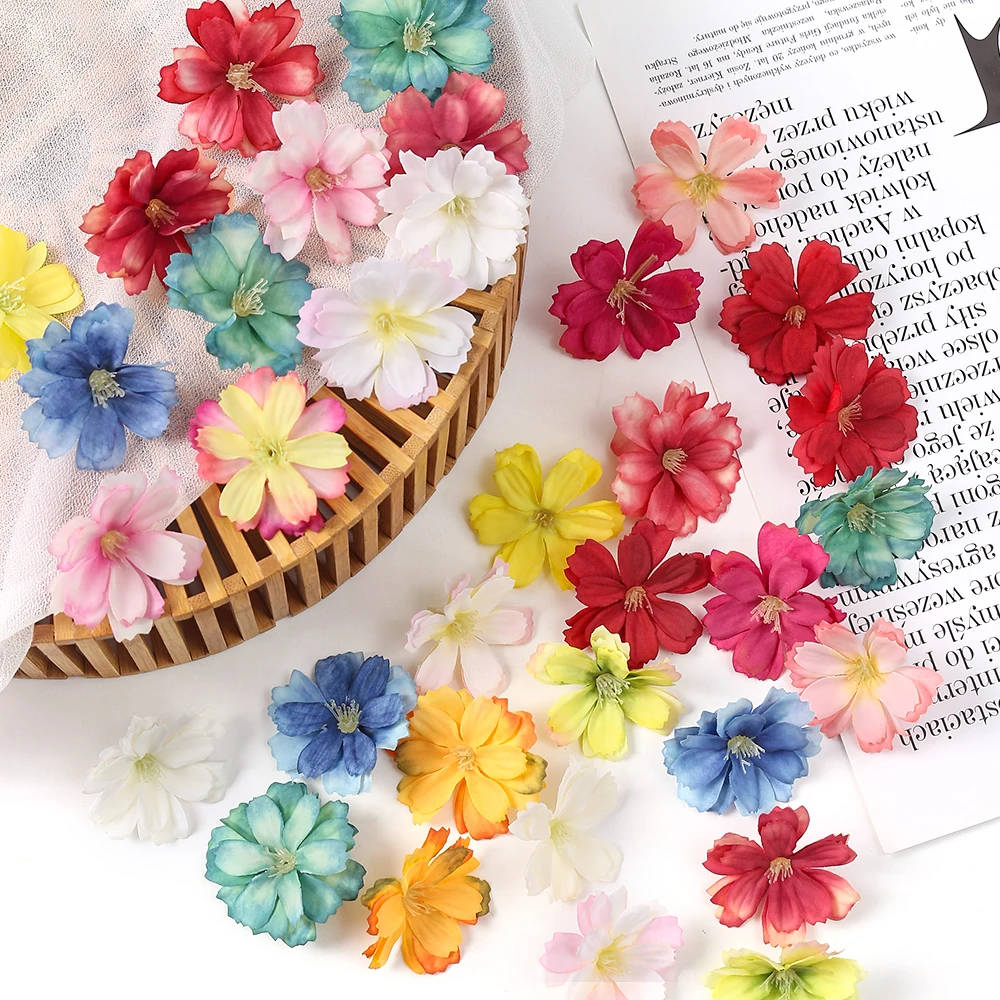 50Pcs Artificial Cherry Blossom Flowers Head Fake Plum Blossom Flower Decoration For Home Wedding Party Car Corsage Decorations