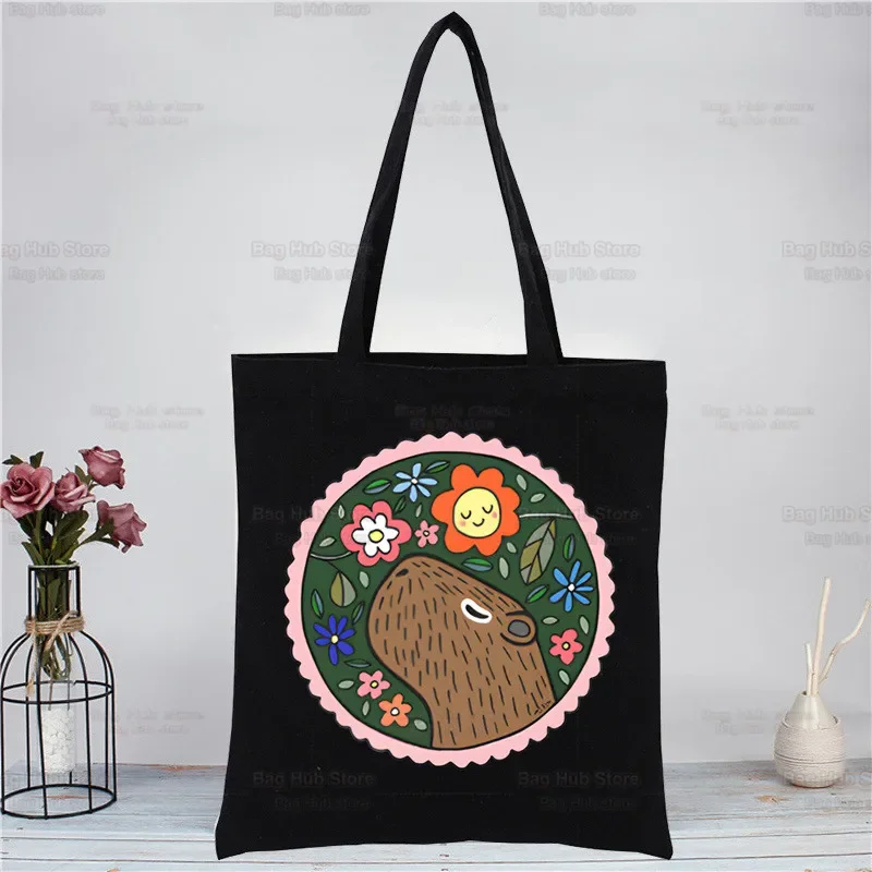 Capybaras Kawaii أسود جديد يصل الفن حقيبة قماش قنب حقائب اليد طباعة بسيطة أكياس التسوق الفتيات الحياة عارضة Pacakge