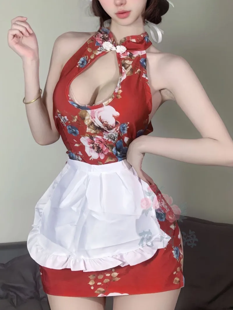 Floral Sexy puro deseo bordado estilo antiguo Cheongsam uniforme ropa de dormir vestido elegante tanque Mini vestido 2025 partes superiores nuevas AG56