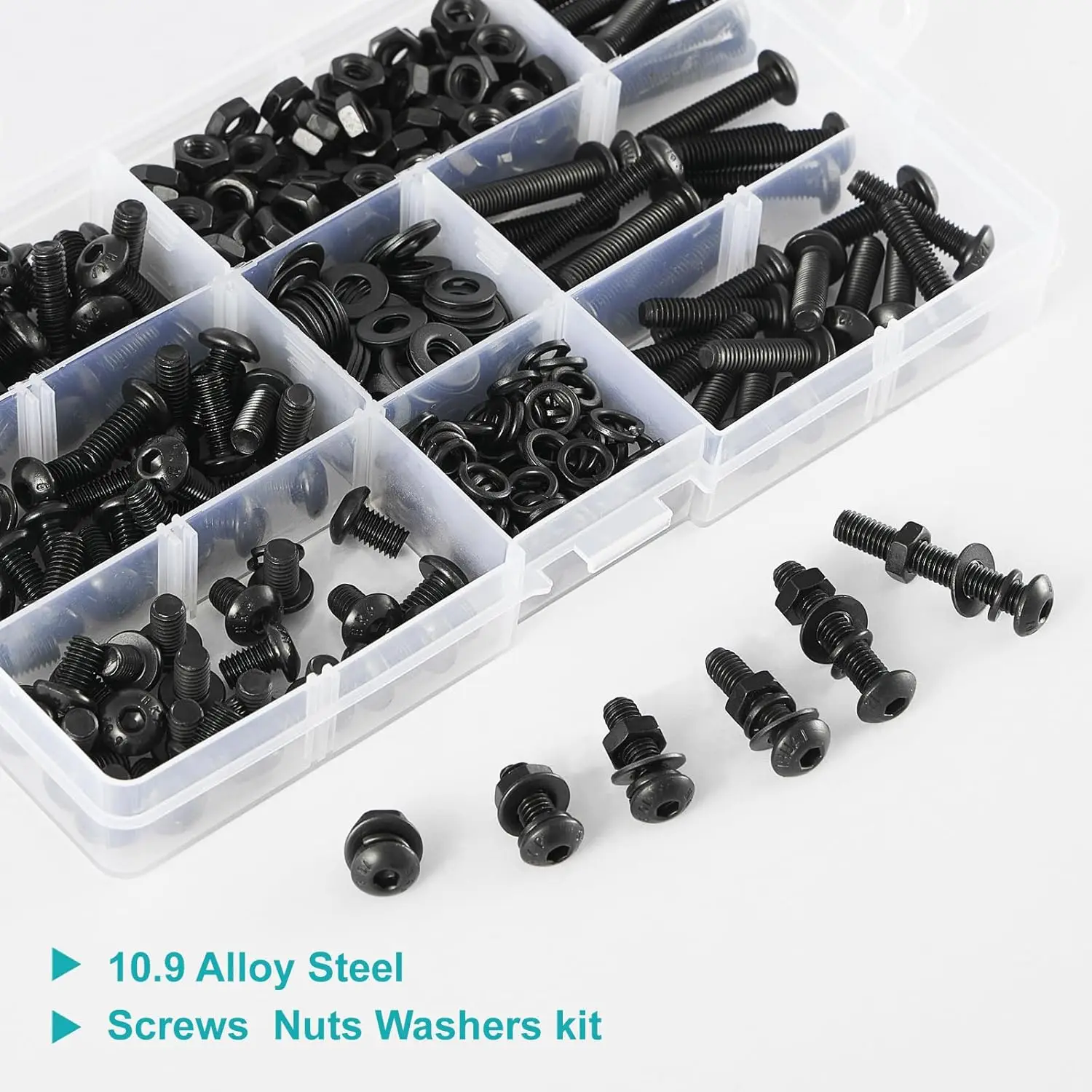

390 PCS M5 x 8/12/16/20/25/30mm, Button Head Socket Cap Screws Bolts Washers Nuts Assortment Kit, 10.9 Grade Alloy Steel