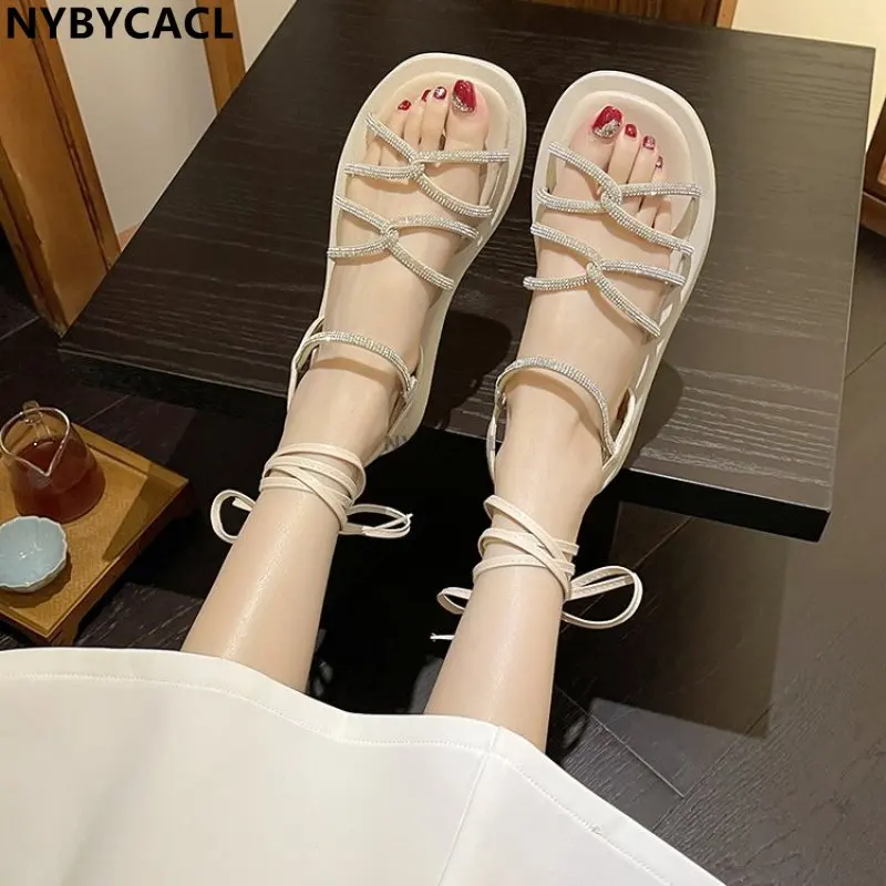 

2023 NEW Women Sandals Summer Solid Color Braided Rope Buckle Strap Round Toe Gladiator Shoes Ladies Casual Beach Platform Shoes