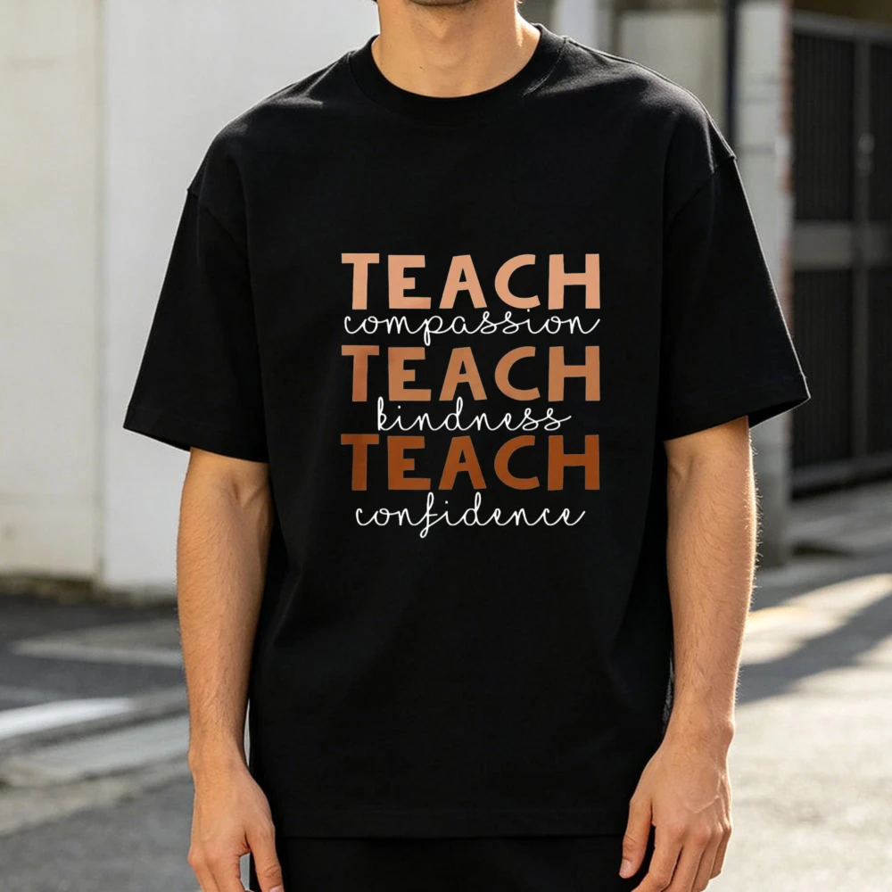 T-shirt graphique bohème neutre avec inscription « Enseigner la compassion, la gentillesse, la confiance », pour enseignant, décontracté, en coton, à manches courtes, basique