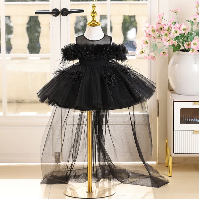 

Girls Light Luxury Black Evening Princess Ball Gown Children Fashion Birthday Party Host Piano Performance Dress y1620