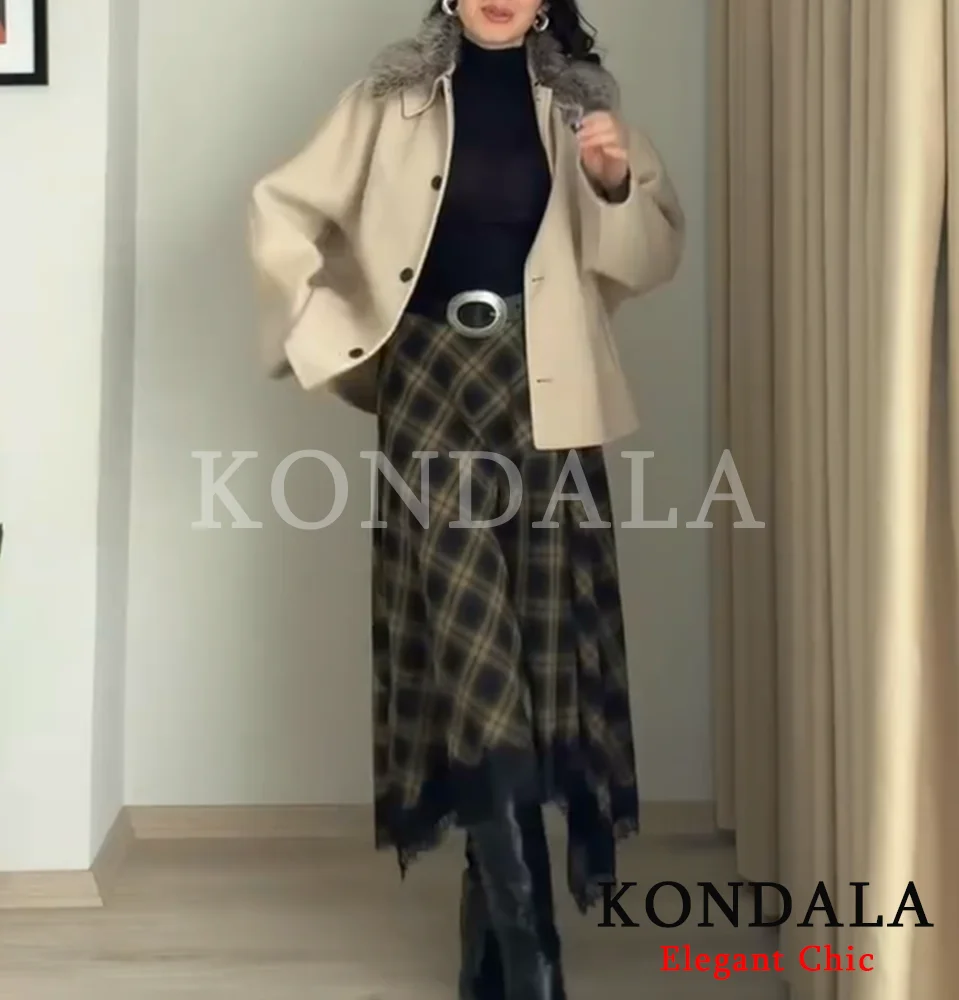 KONDALA Vintage Basic Lady Midi Skirt Plaid Lace Long Skirt Women New 2026 Spring Summer Elegant Commute Dinner Party Lady Skirt