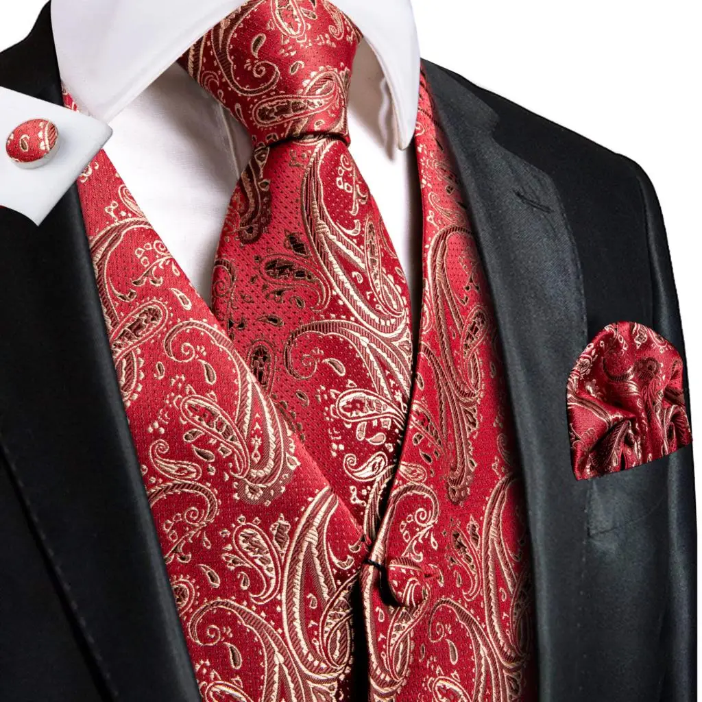 

Hi-Tie Burgundy Gold Paisley Silk Mens Slim Waistcoat Necktie Set For Suit Dress Wedding 4PCS Vest Necktie Hanky Cufflink Set