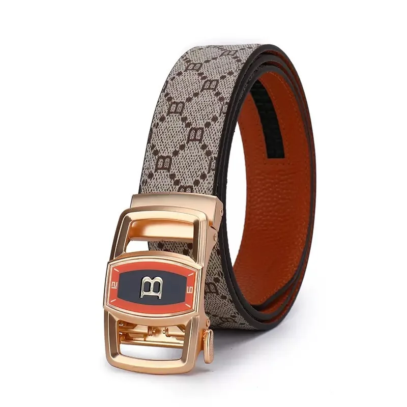 Men's Genuine Leather Belt with "B" Letter Automatic Alloy Buckle, Simple Design Accessory for Casual & Business Wear