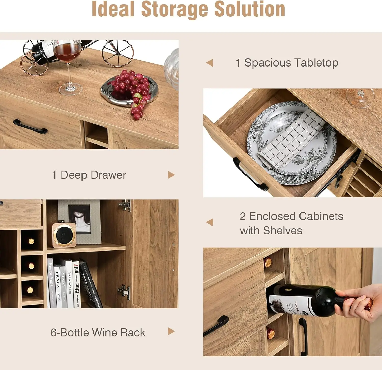 Afbeelding 6: Keukendressoir with wine rack for 6 bottles, barkast with 2 door and 1 drawer, storage cabinet with adjustable planks for living room, ee
