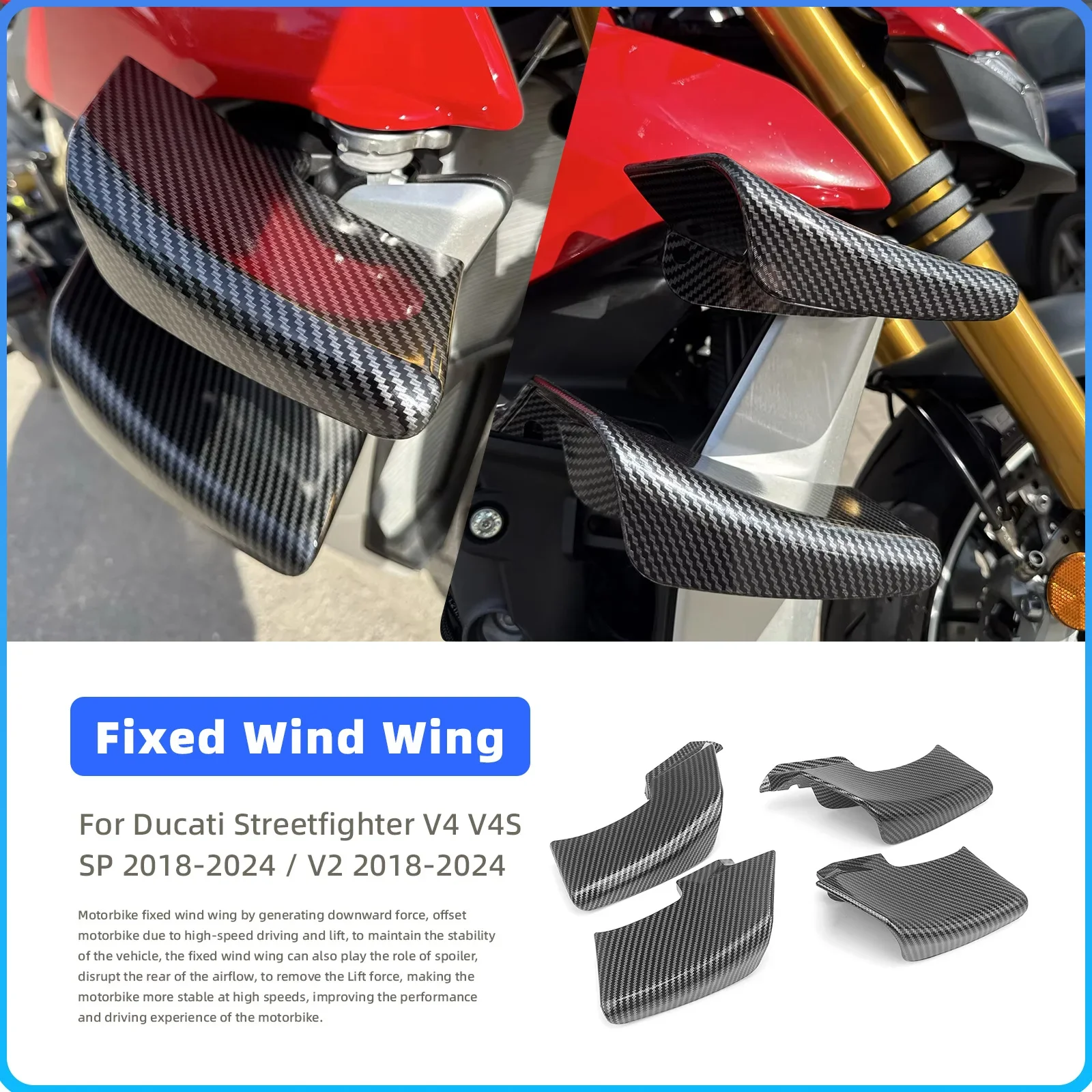 For DUCATI Streetfighter V4 V4S V2 2020-2024 ABS Carbon Fiber Upper & Lower Winglets Fins Fixed Side Wings Fairings Twill Gloss