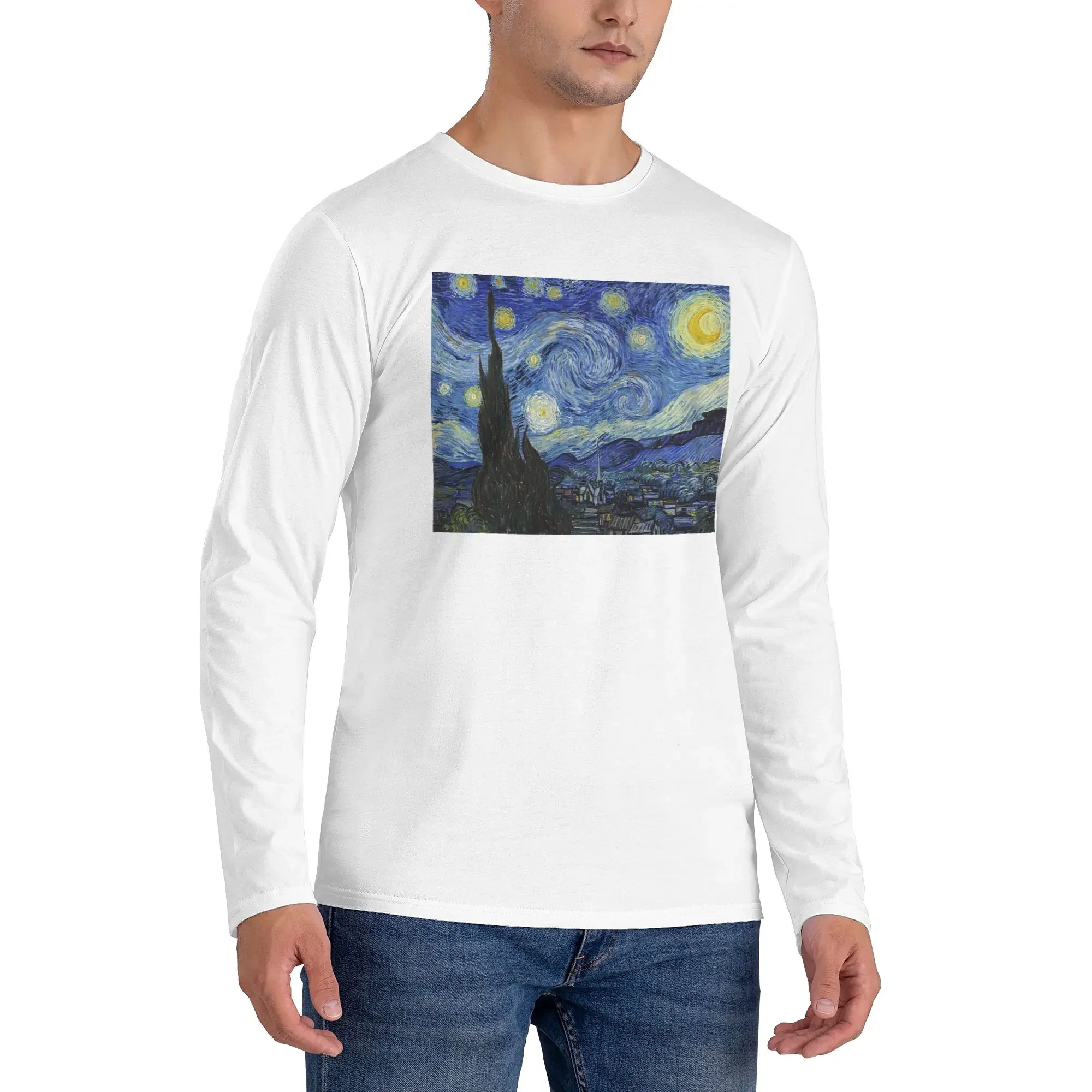 

Starry Night - Vincent Van Gogh Men's Long Sleeved T-shirt Breathable Round Neck T shirts Spring and Autumn Men tops