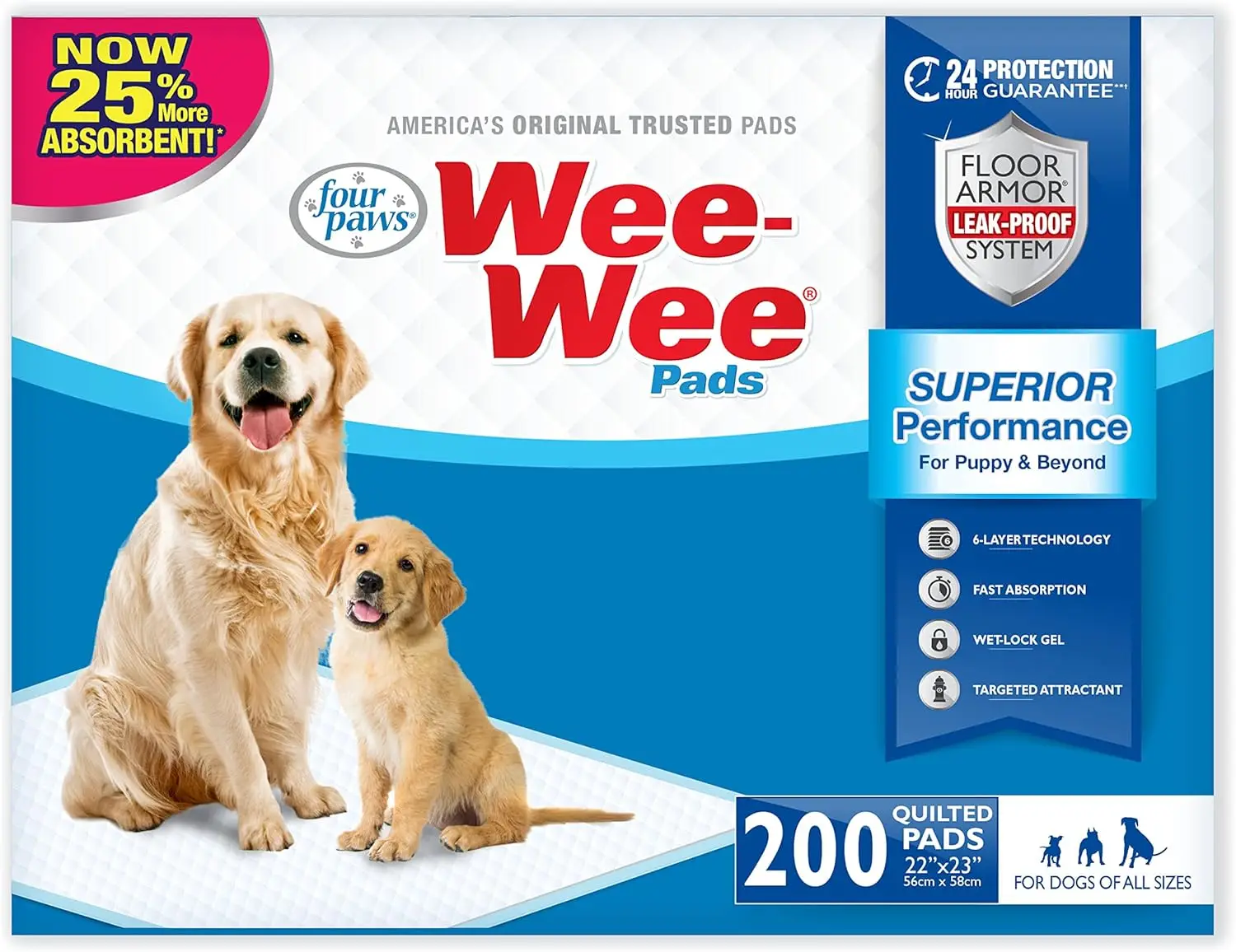 

Super Absorbent Leak-Proof Dog Training Pads, 22x23 Inches, 200 Count for Housebreaking