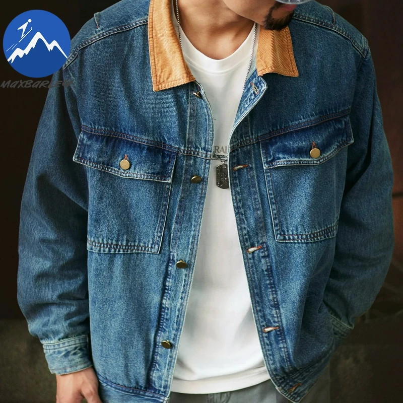 

Maxbarley Autumn 2025 Denim Jacket for Men American Style Retro Splicing Oversized Outwear Street Hip Hop Work Rider Denim Coat