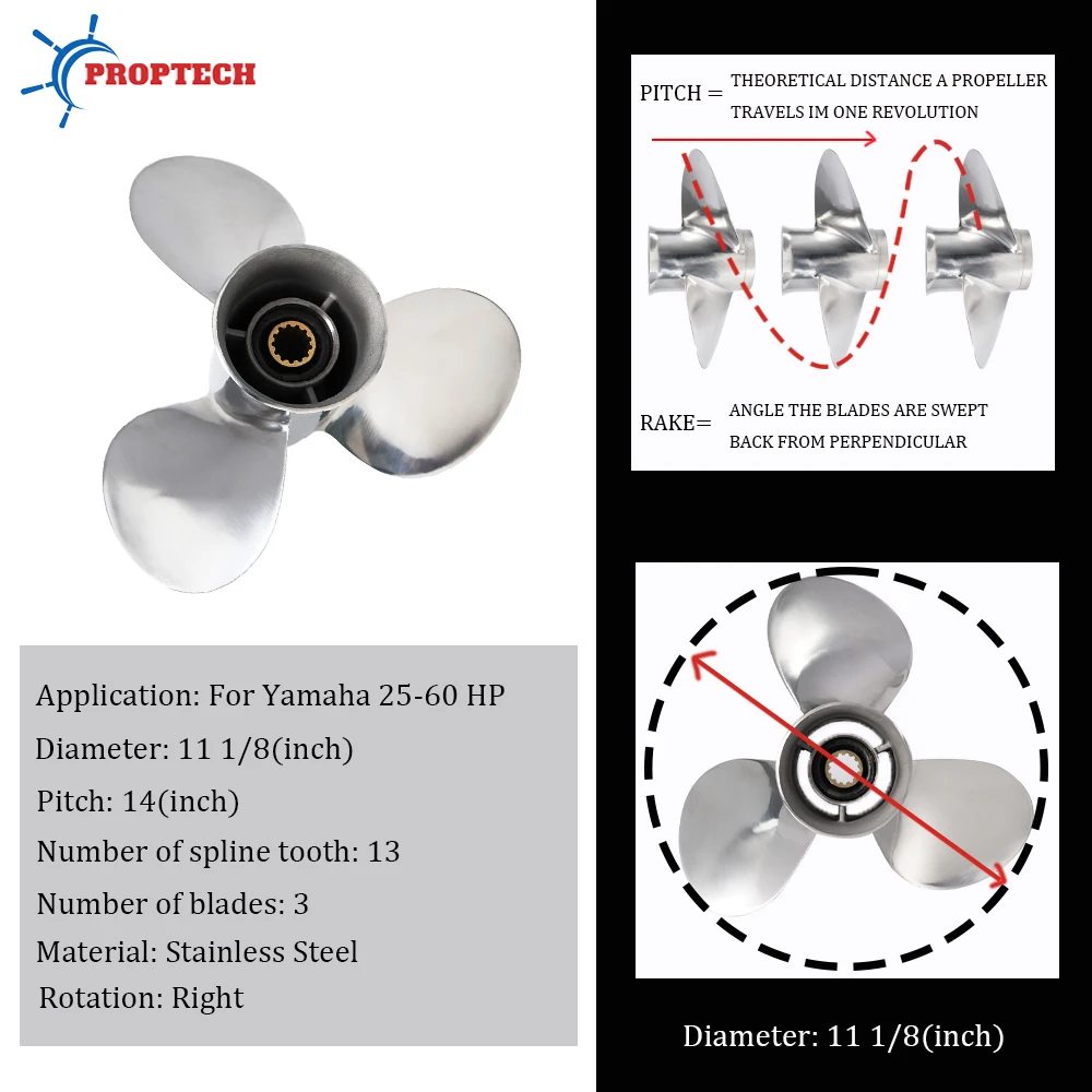 Boat Propeller 11 1/8x14 For Yamaha 25hp 30hp 40hp 50hp 55hp 60hp Outboard Screw Boat Motor Stainless Steel Propeller 3 Blade 13