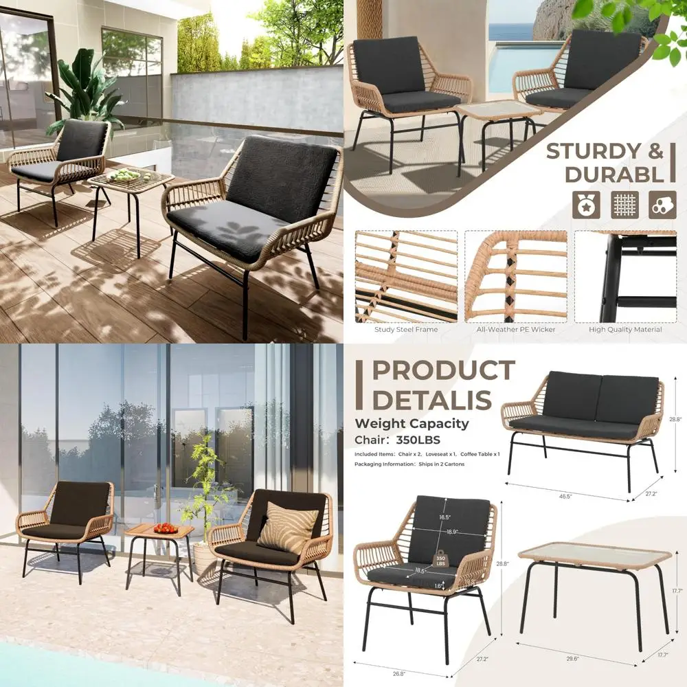 

Набор мебели для патио из трех предметов — набор бистро из ротанга с 2 стульями, подушками и журнальным столиком