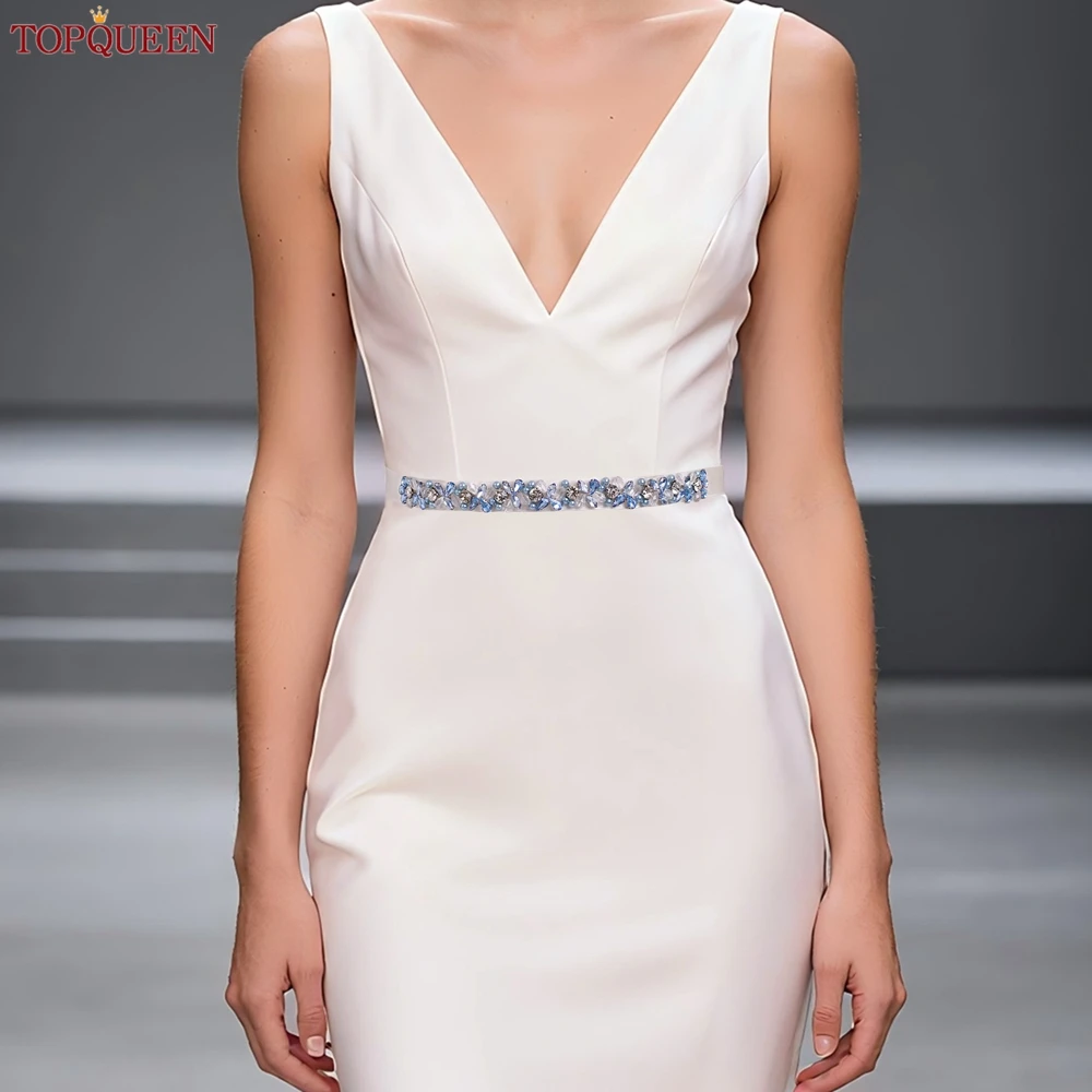 

TOPQUEEN Elegant Light Blue Rhinestone Beaded Wedding Belt Bridal Gown Sash Bridesmaid Gift Costume Party Waist Accessory S268