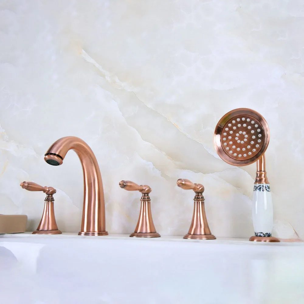 Deck Mounted 5 Hole Antique Red Copper Bathroom Roman Tub Faucet Mixer Tap Set With Hand Shower Ltf201