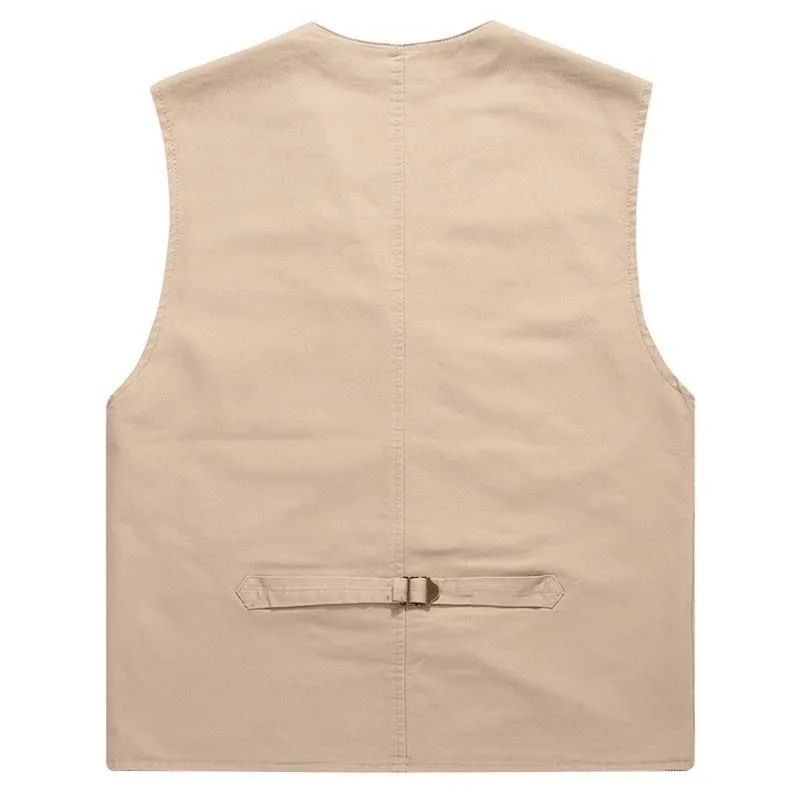 Fashion Casual Spring Autumn Men\'s V-Neck Solid Button Pockets Trend Versatile Safari Style Loose Sleeveless Cowboy Tank Tops