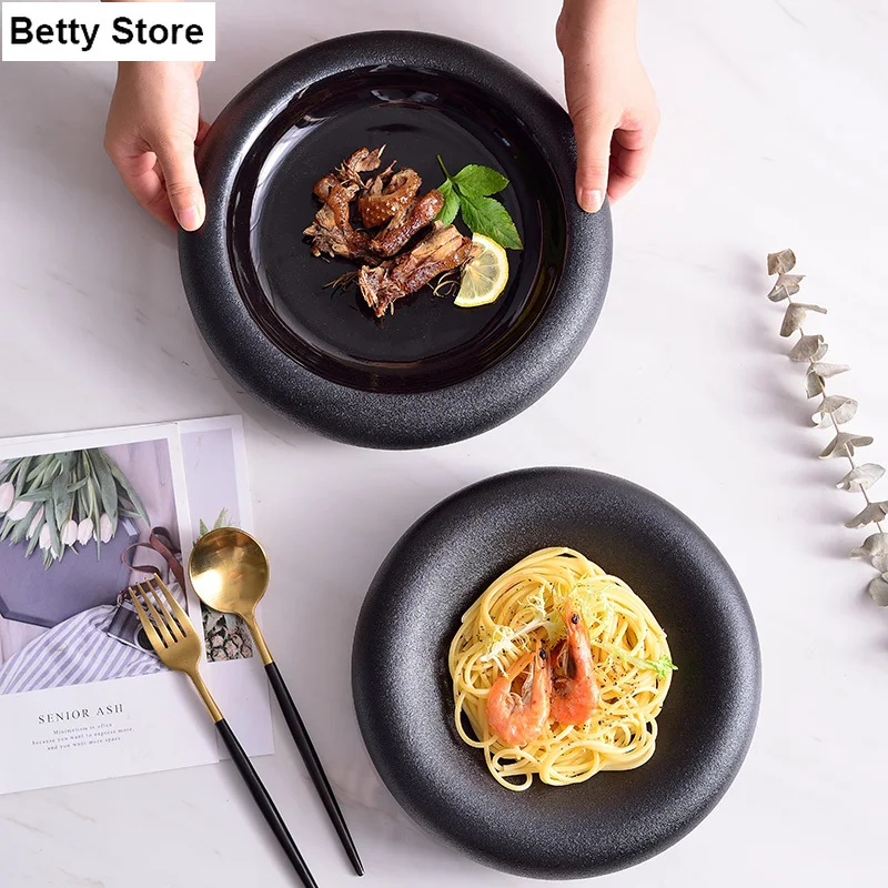 Japanese Style 9 Inches Dinner Set Plates and Dishes Matte Black Ceramic Dishes Round Deep Dish Pasta Plate Dishes Dessert Dish