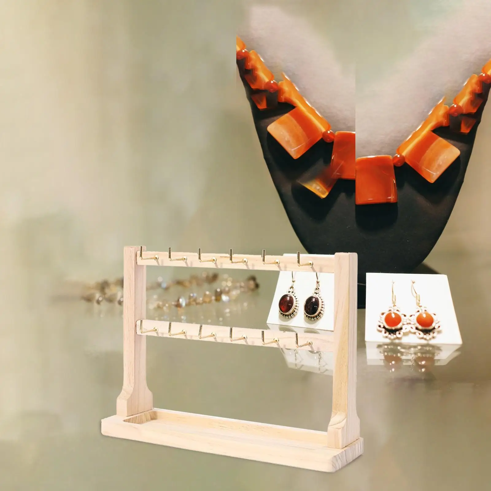 Jewelry Organizer with Tray and Hooks Multi Tier Wooden Earring Holder for Rings Bracelets Necklaces Watch Dresser Rack