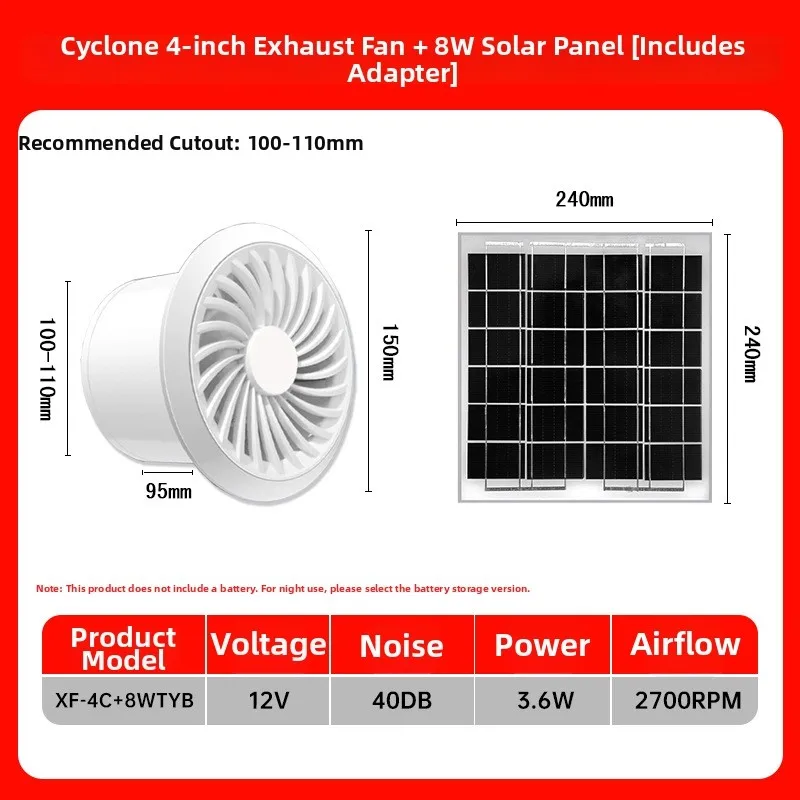 12V Solar Brushless for exhaust Fan for Home Bathroom Kitchen Window Air Exchange with Quiet 40dB Operation and ABS Frame