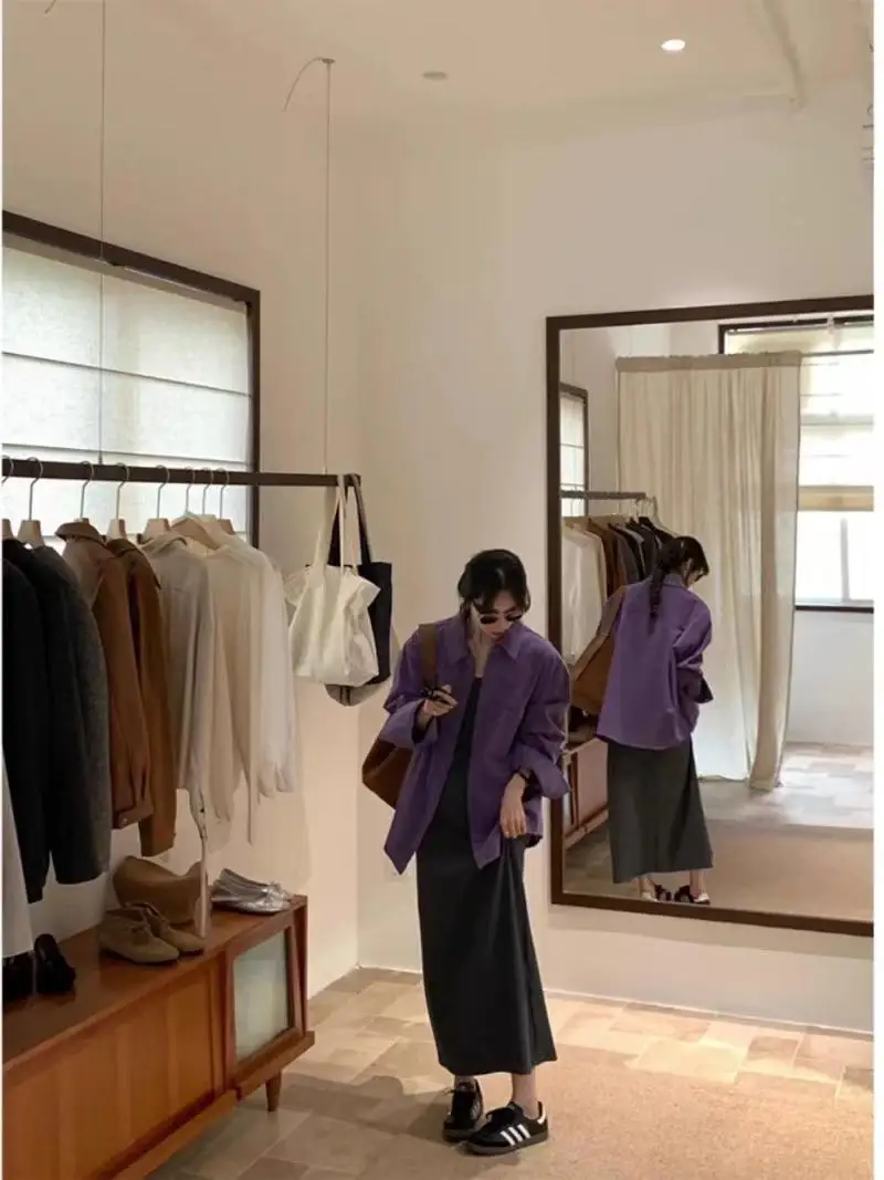 

Elegant Long Sleeve Loose Fit Pure Color Collared Shirt for Women Commute Friendly Korean Style Casual Wear Spring Summer