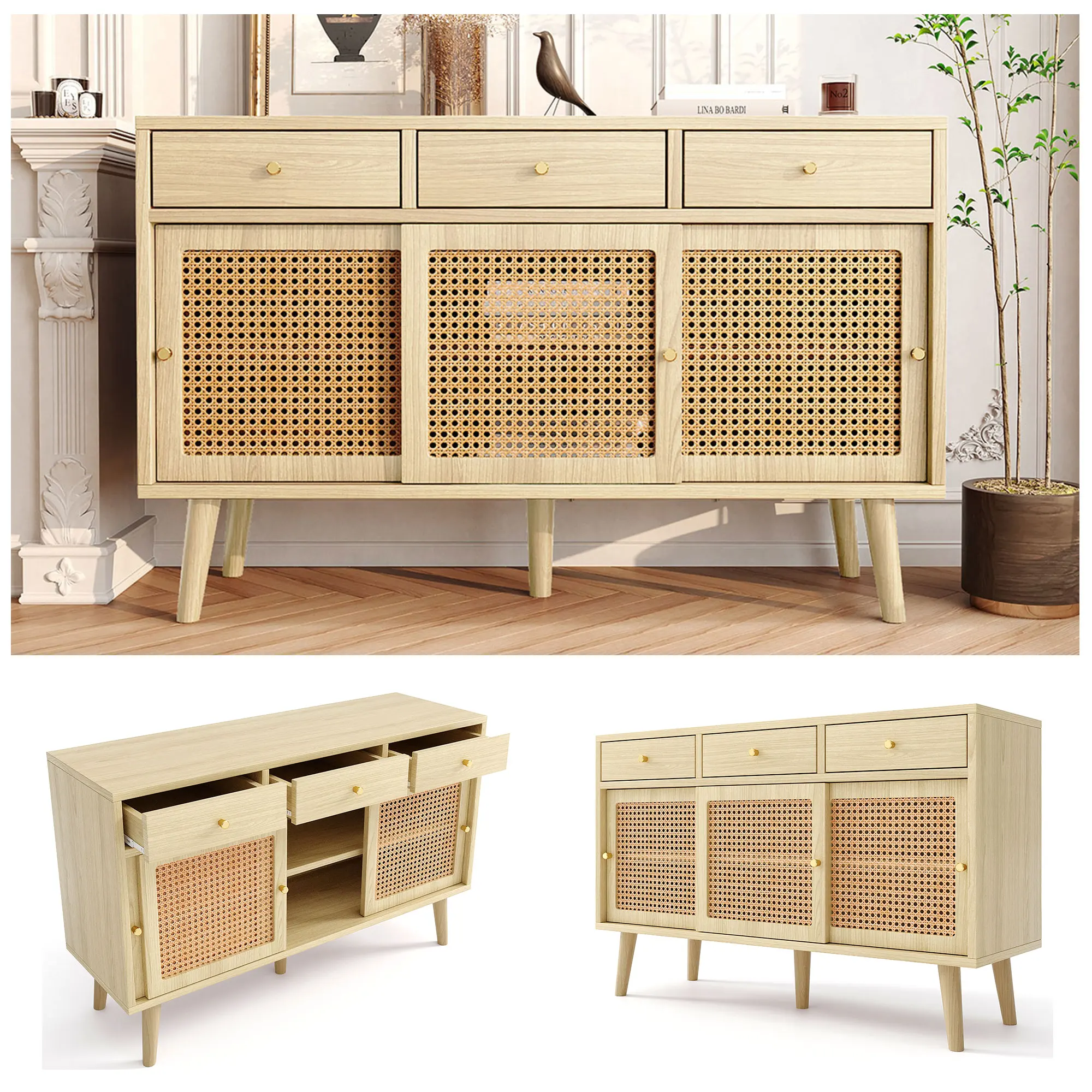 VSOGA Sideboard 3 Drawer Sliding Doors 3 Drawer door Fronts Rattan Micker Solid Wood Legs Gold Metal Iron Handle Adjustable Stays Oak 120x40x78cm