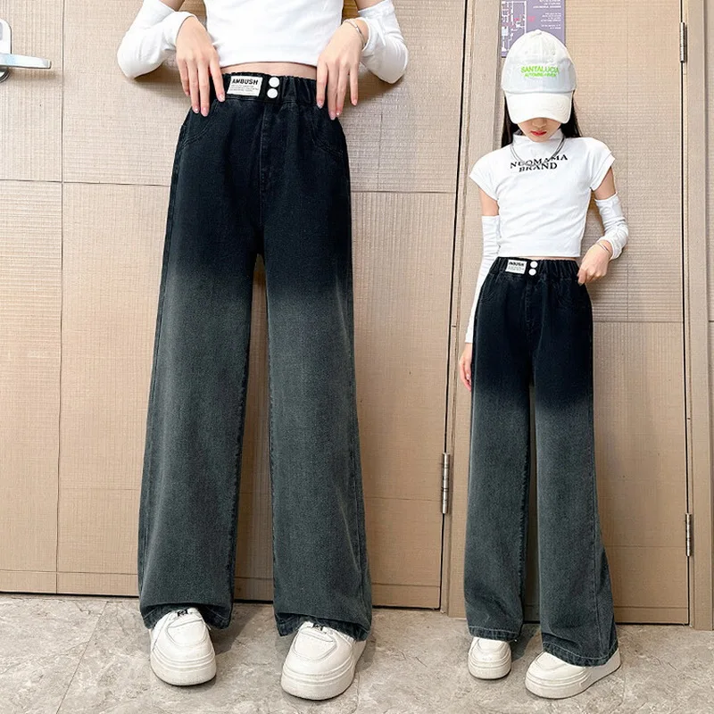 

Girls Wide Leg Jeans 2025 Autumn Fashion Children's Casual Floor Mop Pants Children's Gradient Straight Leg Baggy Trousers