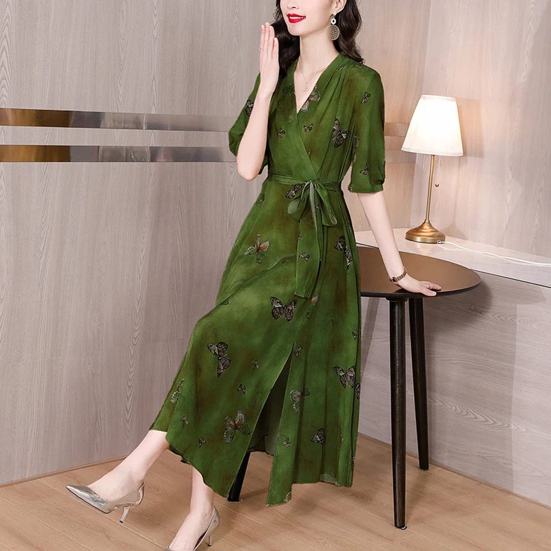 2023 Summer New Holiday Style Satin Waist Belt Slim Slim Split Long DressSilk Retro Printed Mulberry Silk Dress