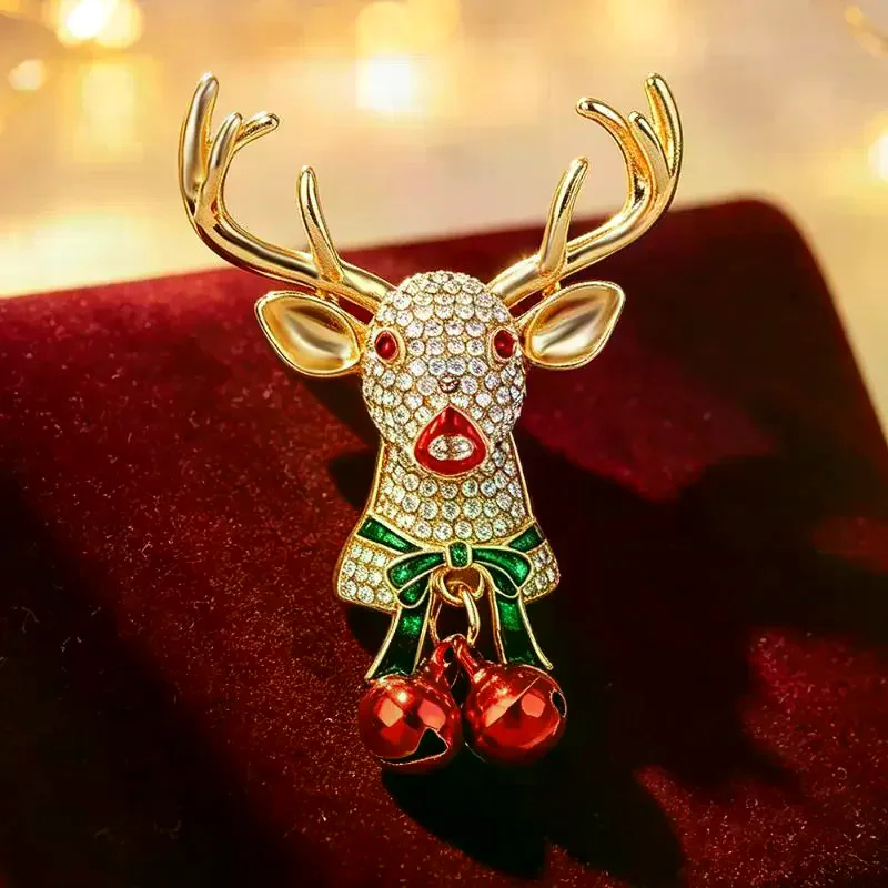 Gold Plated Christmas Reindeer Brooch With Sparkly Clear Rhinestones Red Bell Pendants For Holiday Party Outfit Decorations