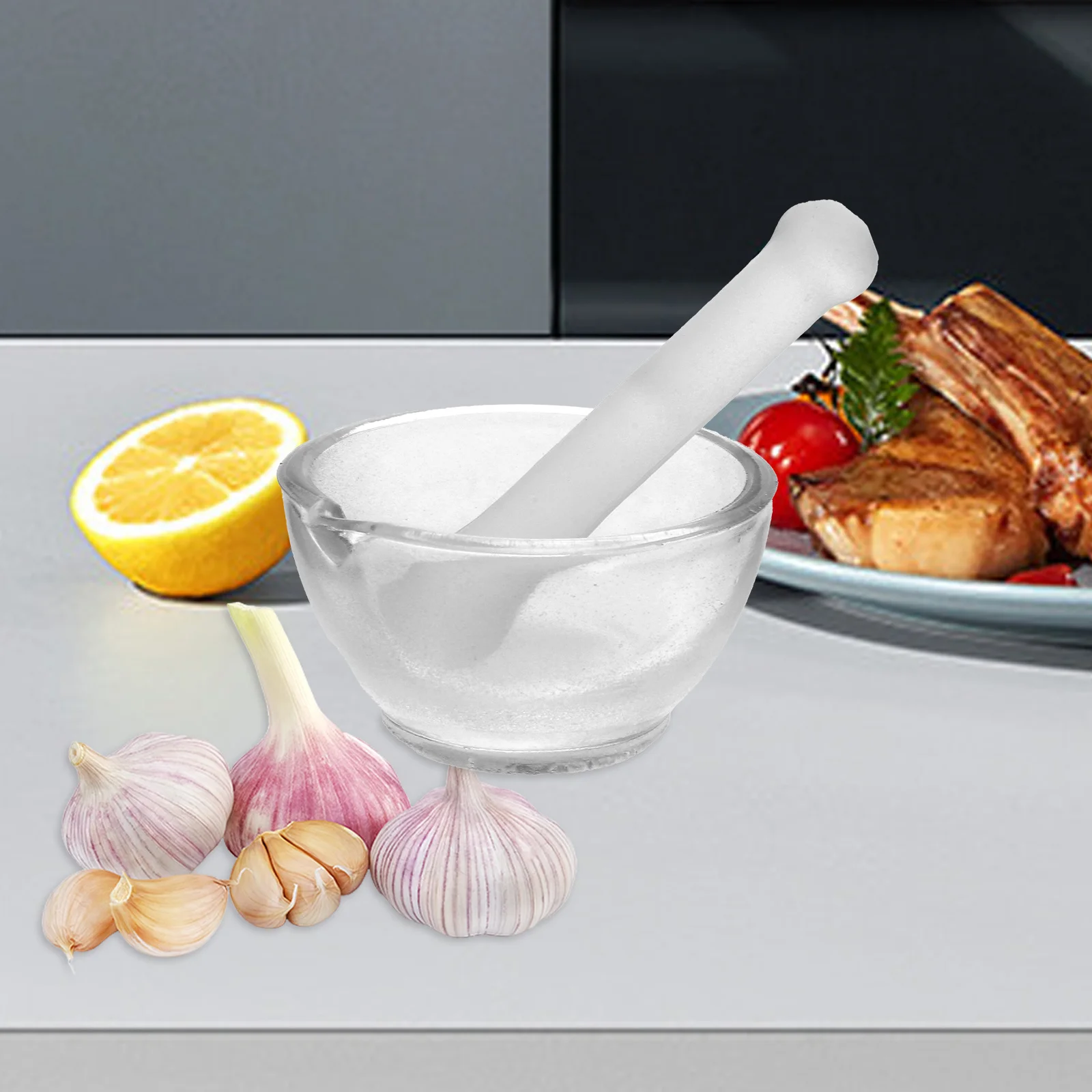 

Glass Mortar and Pestle Set 60mm Pedestal Bowl Garlic Pounder Kitchen Spice Grinder Tool for Home Restaurant Use