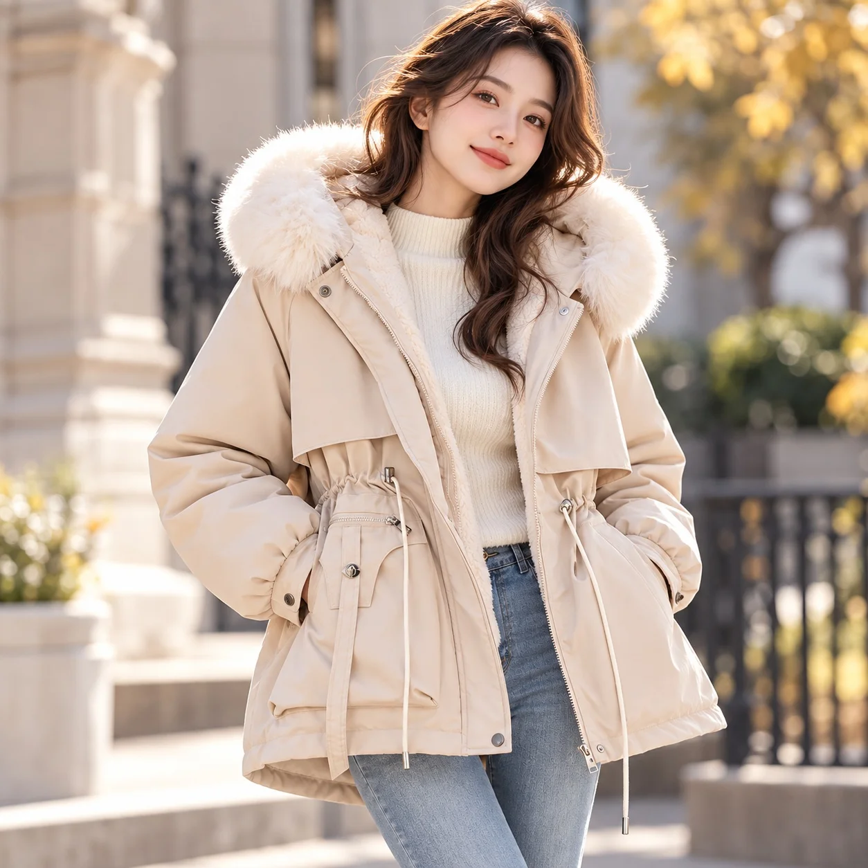 Thick Hooded Coat Slim Fit Japanese Korean Casual with Zipper Closure Mid Length Regular Sleeve Pockets Mid Long for Women