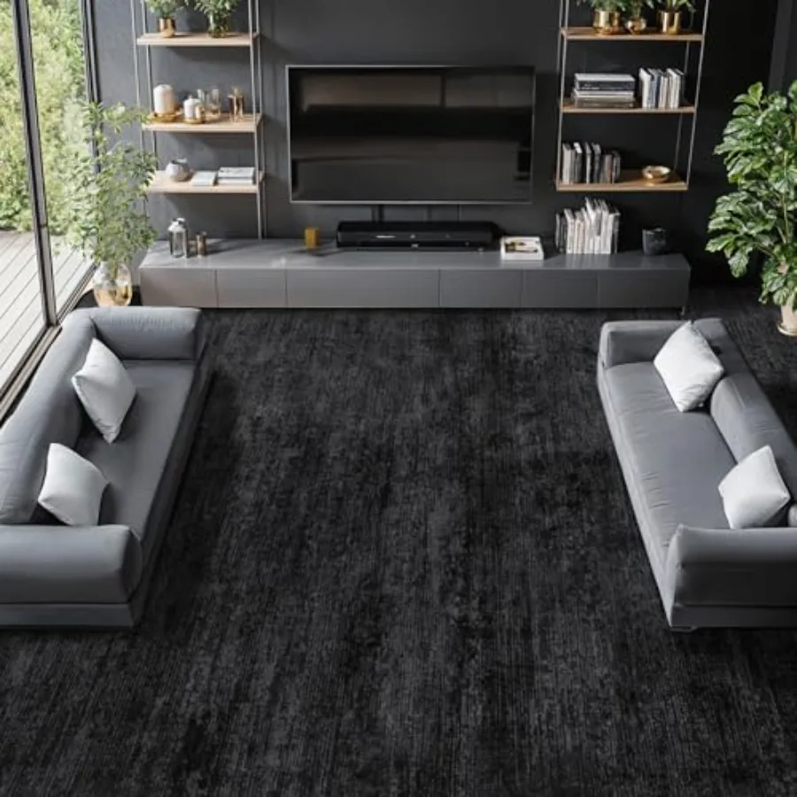 

Washable 8x10 area rug for living room and bedroom black boho vintage-style rug with stain-resistant, non-slip backing, durable
