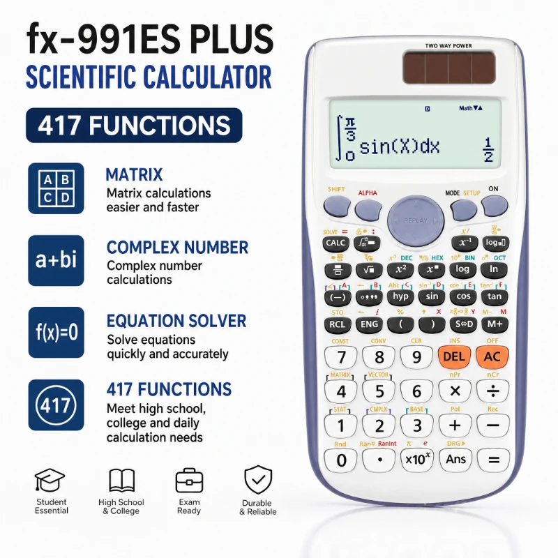 Solar or Battery Dual Power Supply Multi-Function Plus Scientific Calculator for Senior High School Students and College Student