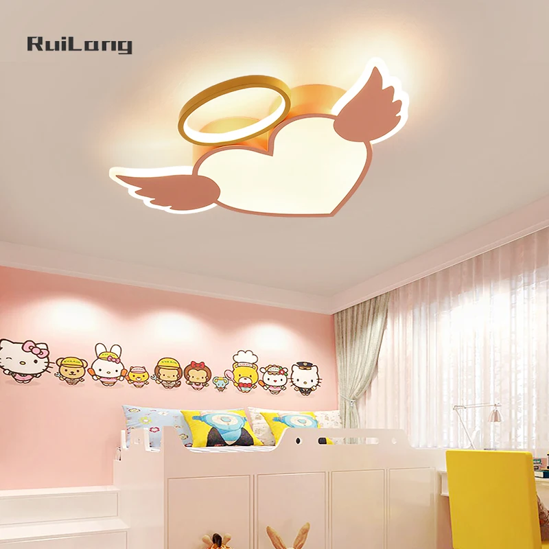 Kawaii Angel Heart Shape Ceiling Light for Kids Room Girl Bedroom Deco Pink Chandelier Children Princess Lustre Led Ceiling Lamp