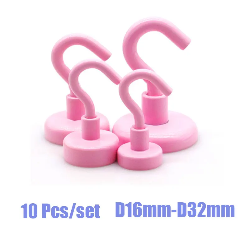 10 Pcs Magnet Hooks D16mm 20mm 25mm 32mm Strong Hook Strong Hook Magnet Brack Pink Color Powerful Neodymium Magnet Hook Magnetic